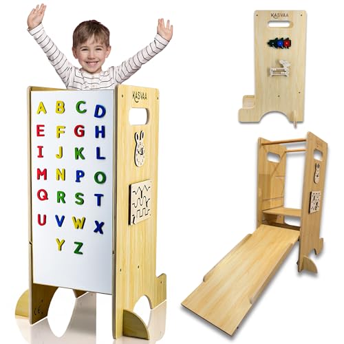 KASVAA - Torre de Aprendizaje Montessori - Incluye Tobogán, Pizarra con Imán, 4 Juegos Laterales, hasta 75kg - Torre Aprendizaje Montessori