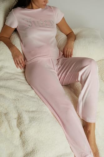 Image of Juicy Couture Women's 2 Piece Velvet Fleece Short Sleeve Shirt and Pants Lounge Sleepwear Set