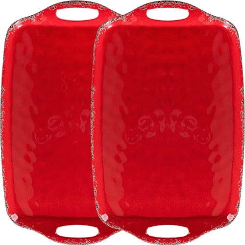 ZAROCRUS Christmas Large Melamine Serving Tray with Handle, Crackled Rustic Rectangle Melamine Serving Platter for Serving Food, Coffee Table Tray, Entertaining & Party Use, Set of 2, Christmas Red