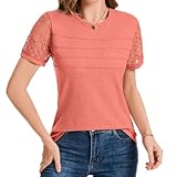 Ammiko 2025 Women's Short Sleeve Tops Summer Shirts Lace Spring Dressy Casual T-Shirts Trendy Cute Work Outfits Blouses Peach XL