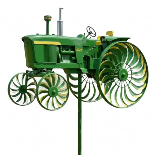 Green Tractor Wind Spinner Metal Outdoor Garden Windmill Whirligig Yard Art Wind Sculpture Decor with Ground Stake for Lawn Patio Farm
