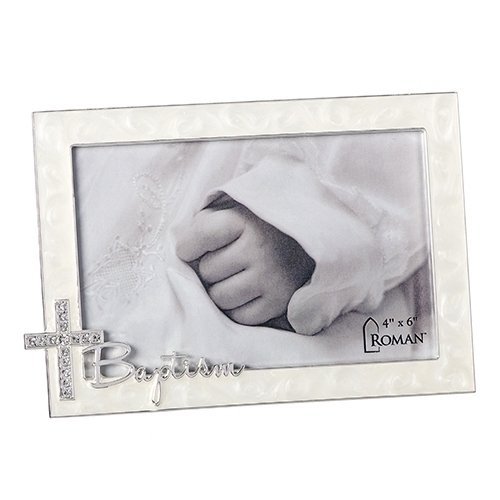 Baptism Script With Jewel Tone Cross Swirled Ivory 7.25 X 5 Zinc Photo Frame #TOP12