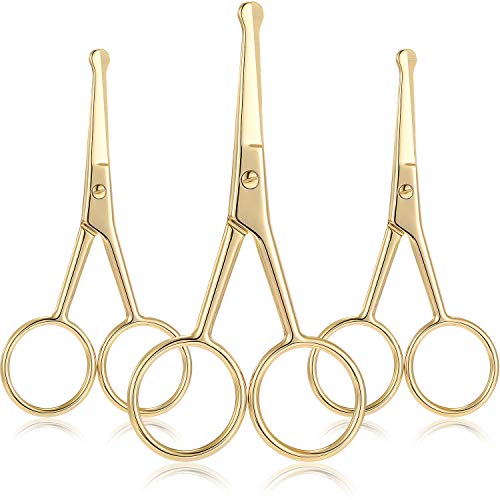 3 Pack Nose Hair Scissors Rounded Tip Scissors Facial Hair Scissors Stainless Steel Blunt Tip Scissor for Eyebrows, Nose, Moustache, Beard, Grooming (Gold)