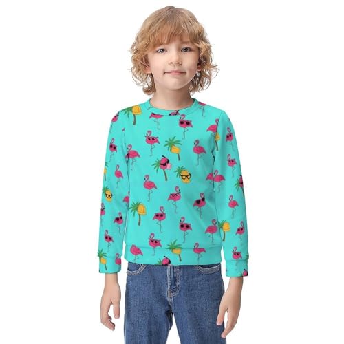 MZERSE Soft Kids Crew Neck Pullover Pink Flamingos Mint Green, Long Sleeve Sweatshirt for All Seasons, 8-10Y