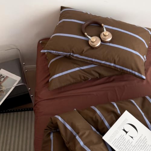 Image of Striped Duvet Cover Set King Size Brown Blue Stripes Comforter Cover Vintage Geometry Stripe Soft Breathable Microfiber Bedding Set for All Seasons with Zipper Closure and 2 Pillowcases