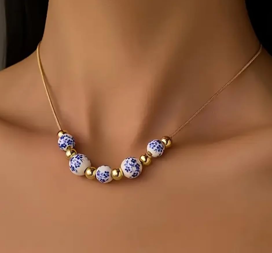 Ceramic Bead Necklace with Blue Floral Pattern, Gold Chain, Porcelain Ball Design2