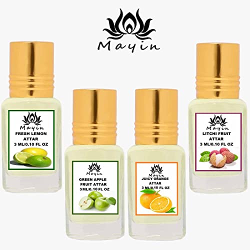 Image of Mayin Fresh Lemon, Green Apple, Juicy Orange, Litchi Fruit (Natural Itra /Attar /Perfume) Attar Gift Pack /Attar Combo /Combo Pack For Men and Women 12ml (Pack Of 4)