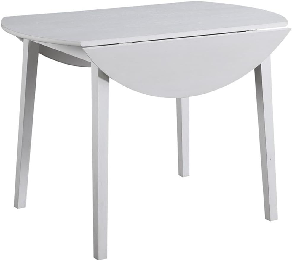 Pemberly Row Round Wood Drop-Leaf Dining Table, 42 in with Leaves Extended, MDF and Rubberwood, White Finish, Solid Wood Legs, Space-Saving Design, Small Kitchen or Dining Room Table