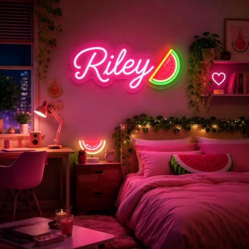 Image of Custom Name Neon Sign with Watermelon Personalized LED Neon Light Sign for Wall Decor Kid's Bedroom Birthday Party Wall Art Christmas Gift
