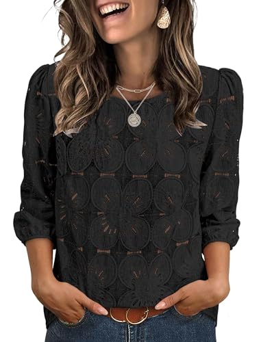 Sampeel Women Blouses Dressy Casual Eyelet Tops Trendy Puff 3/4 Length Sleeve Tops Spring Summer Fashion Beach Vacation Clothes Business Casual Outfits Black L
