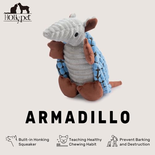 Image of Hollypet Plush Dog Squeaky Toy Stuffed Armadillo Animal Pet Puppy Chew Toys with Clean Teeth for Small Medium Large All Breed Sizes Dogs, Sea Foam, 8 in