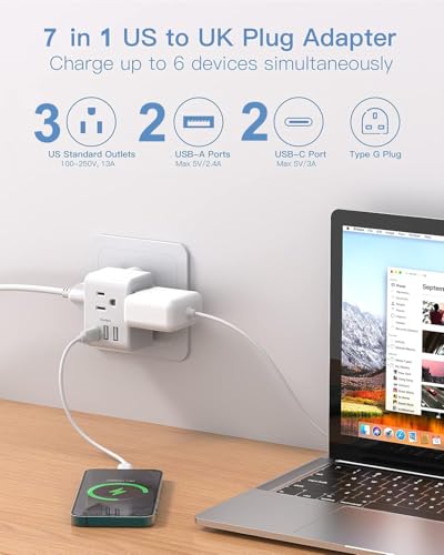 Image of 2 Pack US to UK Ireland Travel Plug Adapter, Type G Power Plug Adapter with 3 Outlets 4 USB Ports(2USB C), European Travel Plug Adapter for USA to England London Scotland British Qatar Irish Hongkong