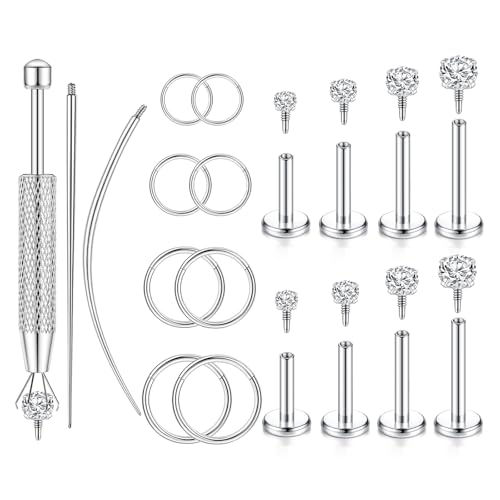 LORACOXS Flat Back Earrings for Women 16G 18G Hypoallergenic Stud & Hoops Set Helix Piercing Jewelry Suitable for Tragus Medusa Nose Conch Rook Monroe Ashley Labret Lip