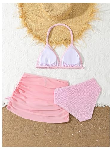 Image of SHENHE Girl's 3 Piece Swimsuits with Cover Up Skirt Halter Triangle Bathing Suits Bikini Set