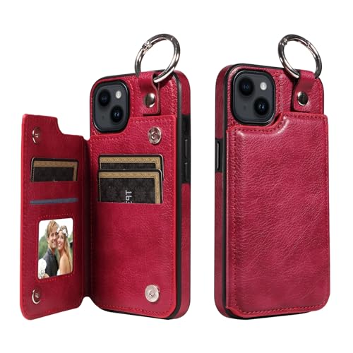 Coque portefeuille iPhone 14 6.1 pouces en cuir PU bordeaux antichoc avec anneau