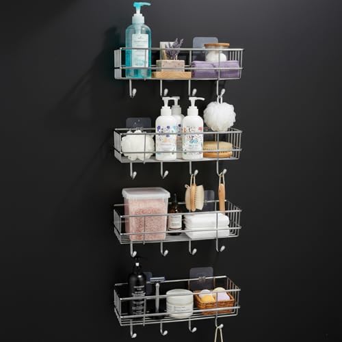 Image of Amazon Basics Self-Adhesive Wall Shelf - No-Drill Multipurpose Bathroom /Kitchen Organizer with Hooks and Towel Holder, Rust Proof GI Steel Organizer | Chrome, 28.2 x 9.8 x 11.5 cm, Pack of 4