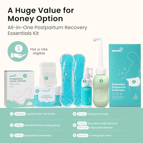 Image of Grownsy 15pc Postpartum Essentials Recovery Kit | Postpartum Kit for Women | Includes 5 Postpartum Pads, 5 Disposable Underwear, 2 Ice Packs, Peri Bottle, Perineal Spray & 28 Cooling Pad Liners