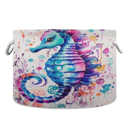 Round Storage Basket Watercolor Hippocampus Japonicus Open Home Storage Bin 20 * 13.9in