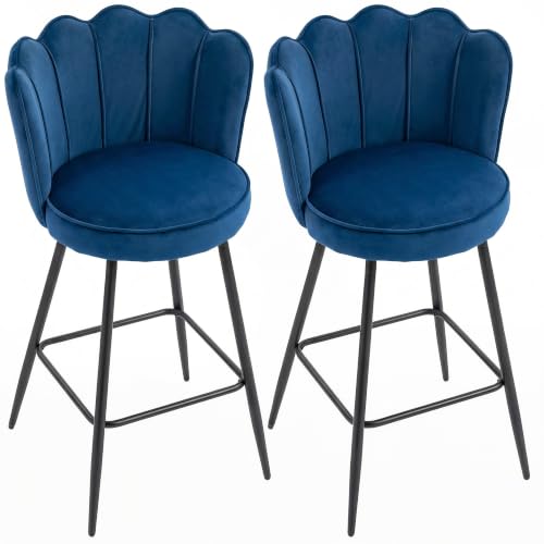 Image of HOMCOM Bar Stools Set of 2 Velvet with Petal Backrest Footrest, Dark Blue