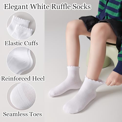 Girls White Ruffle Socks 6 Pairs,Girls Ankle Socks for School Uniform Seamless Cotton Dress Sox 4-6/6-8/9-12 Years4