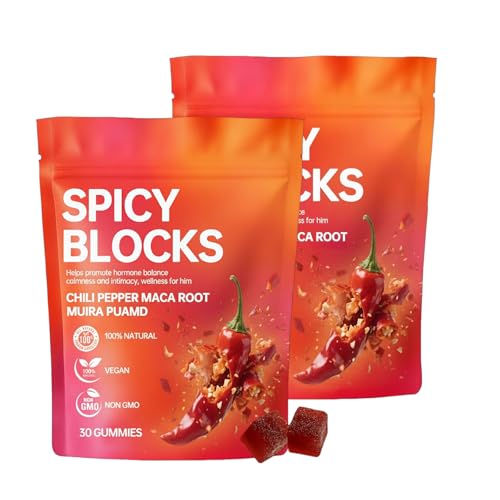 Respearnint Spicy Blocks, Intimacy Gummies with Chili Pepper, Muira Puama, Maca Root, Epimedium Extract, Helps Promote Hormone Balance, Calmness and Intimacy Wellness, Peach Flavor, 60 Gummies