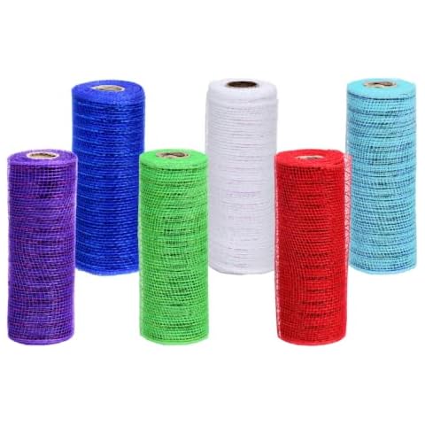 Decorative Glitter Mesh Ribbon (5 yds, 6 inch Wide Each) 6 Rolls Includes Purple, Blue, Turquoise, Red, Green and White Cover