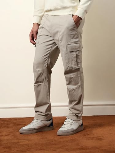 Image of Vogaan Men Solid Relaxed Fit Cotton Blend Cargo Trousers with Utility Pocket