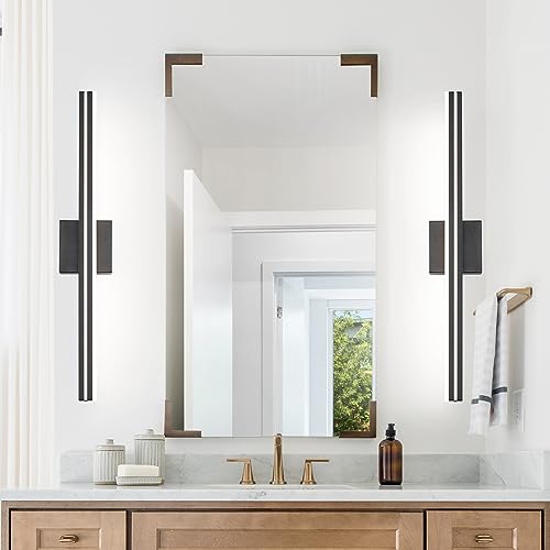 Image of SineRise 32-Inch LED Modern Bathroom Vanity Light Bar, Matte Black Modern Acrylic Bathroom Wall Lighting Fixtures Over Mirror (Cool White 6000K)