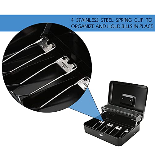 Large Cash Box Safe With Tiered Money Tray And Key Lock, 5 Storage Compartments And 4 Partitions With Spring Hinges To Organize Money - Heavy-Duty Metal Petty Cash, 11.8” X 9.5” X 3.5” (L X W X H) #TOP3