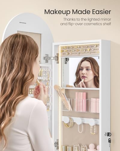 Image of SONGMICS Wide Jewelry Organizer, LED Jewelry Cabinet Wall /Door Mounted, Arched Mirror with Storage, Lockable, Rounded Corner, Interior Mirror, 3.9 x 16.5 x 55.1 Inches, Cloud White UJJC040WB01