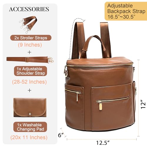 miss fong Diaper Bag Backpack Baby Diaper Bag, Large Leather Diaper Bag Backpack with Changing Pad, Stroller Straps, and 2 Insulated Pockets