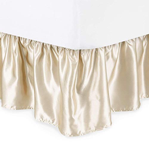 Bed Skirt - Silky Satin Dust Ruffle with Split Corners Ruffle Gathered Bed Skirt with Platform Three Sided Coverage Easy On/Easy Off 18 Inch Tailored Drop, Ivory Queen Size