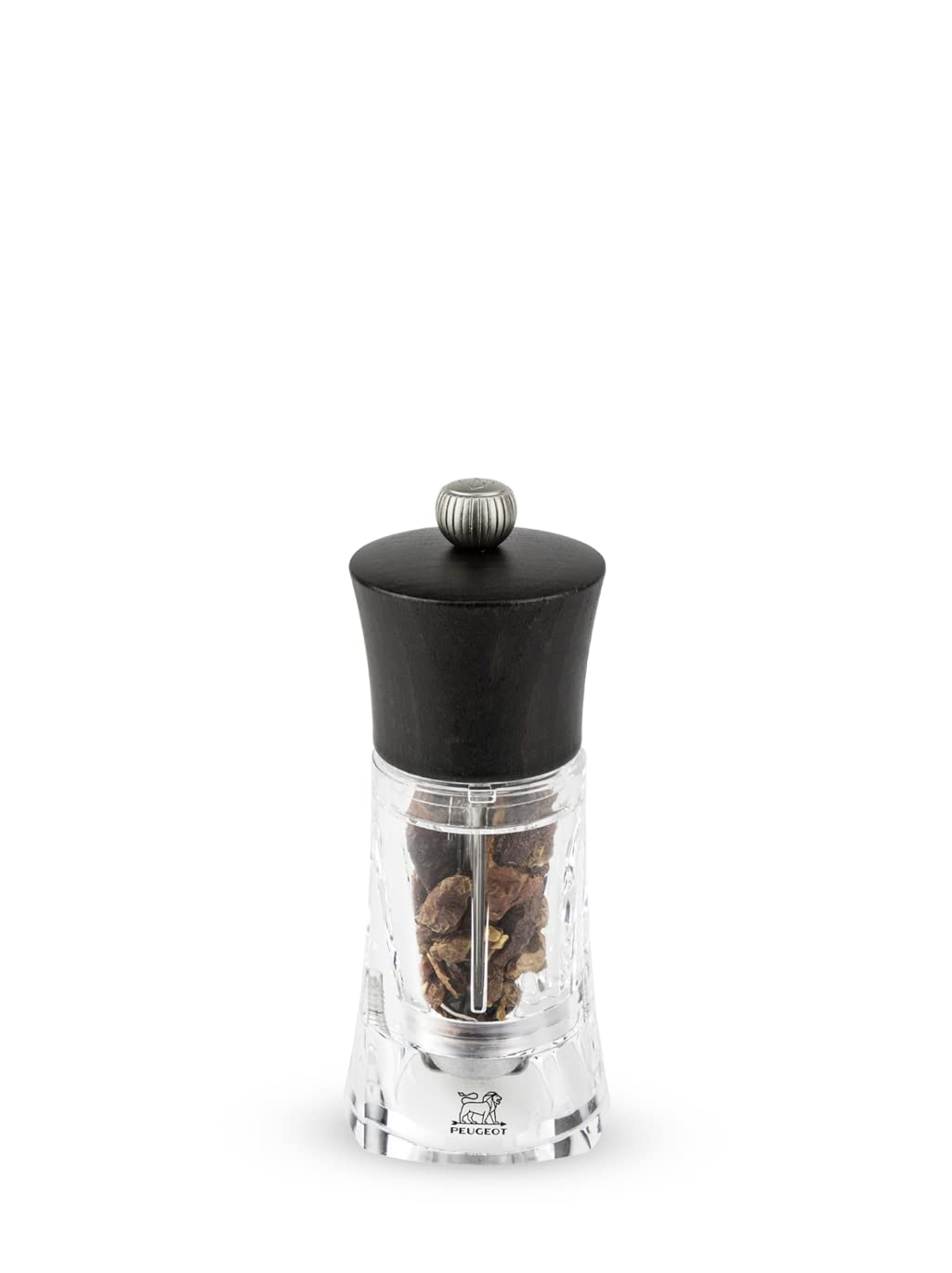 Peugeot - Oleron Manual Chili Pepper Mill - Transparent Adjustable Spice Grinder - Acrylic and Beechwood, Chocolate, 5.5 Inches