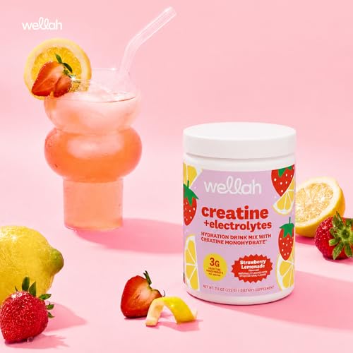 Image of Wellah Creatine + Electrolytes Powder (Strawberry Lemonade) 30 Servings - Hydration Drink Mix with 3g of Creatine Monohydrate