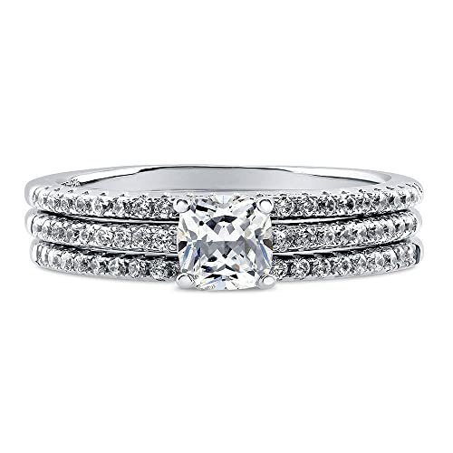 BERRICLE Sterling Silver Cushion Cut CZ Solitaire Wedding Engagement Promise Rings for Her, 0.6 Carat Cubic Zirconia Ring for Women, Stackable Band 1-3 Piece Set2