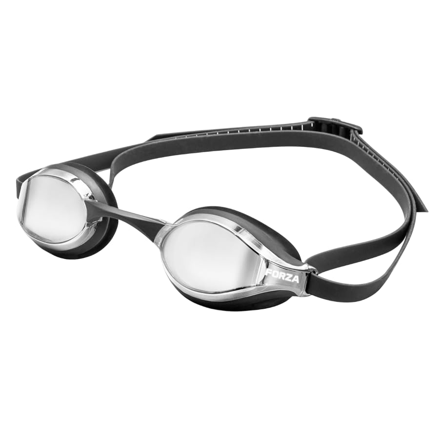 FORZA Adult Swimming Goggles – Anti-Fog | UV Protection | Interchangeable Nose Bridges | Basic, Training & Racing Swim Goggles | Protective Storage Case Included [Pack of 1] (Training - Black/Silver)