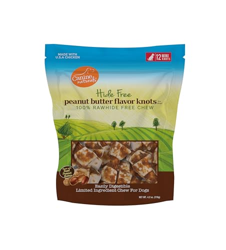 Canine Naturals Natural Peanut Butter Chew, Mini Knot - 12 Pack - 100% Rawhide Free and Collagen Free Dog Treats - Made with Real Peanut Butter - All-Natural and Easily Digestible