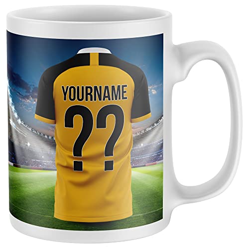 Image of Personalised Football Mug, Kit Shirt Name & Number Coffee Cup, All Teams & Colours. Fan Gift Idea for Mum, Dad, Son, Daughter - One Size, Gold Black