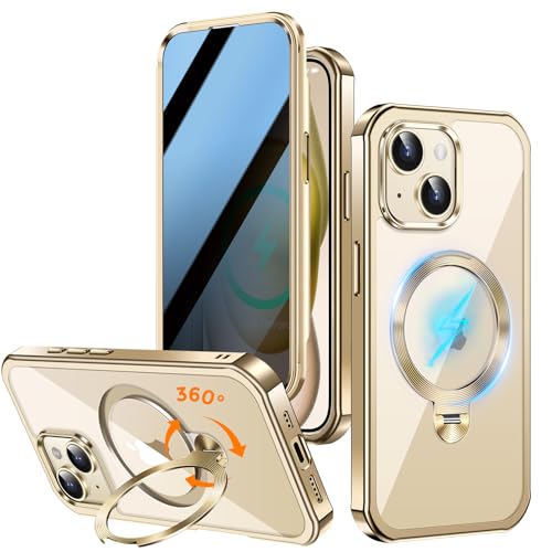 Coque magnétique iPhone 15 dorée avec support rotatif et anti-espion