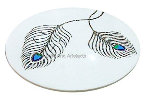 Mesa auxiliar de concha de abulón, mesa de café de mármol blanco, mesa auxiliar de patio para decoración de jardín, 13 x 13 pulgadas, mesa artística de plumas de pavo real