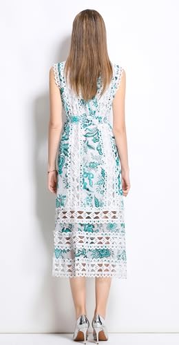 Image of LAI MENG FIVE CATS Women's Sleeveless Hollow Out Lace Button Up Casual Midi Party Dress with Belt