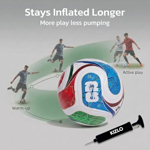 Image of Kizlo Size 5 Football - Hand-Stitched PU Leather Soccer Ball with Pump & Needle | High Grip, Durable & Air Retention | Training & Match Ball for Kids, Youth & Adults | World Cup Design Multicolor