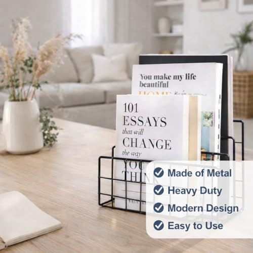 Image of File and Magazine Holder - Book Shelf Organiser Small Book Shelf for Table Metal Letter Organiser with 3 Compartments, Desk Table Decor, Letter Document Sorter (Black)