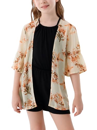 Image of GORLYA Girl's Floral Print Chiffon Beach Cardigan Cover ups Kids Casual Kimono Capes Swimsuit Wraps