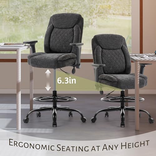 Image of Drafting Chair,Executive Tall Office Chair Flip-up Armrests for Counter Height Desk Drawing Use,High Task Chair with Adjustable Foot Ring &Inflatable Lumbar Support,Swivel Computer Stool, Fabric Black