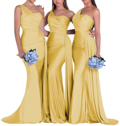 Image of One Shoulder Bridesmaid Dresses for Wedding Long Satin Bodycon Prom Dress Mermaid Formal Evening Gowns