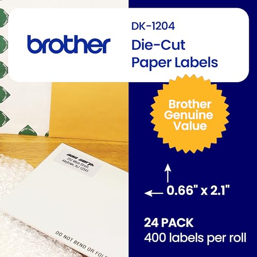 Image of Brother Genuine DK-120424PK Multipurpose Paper Labels, Die-Cut 0.66 inch x 2.1 inch, Engineered for Excellence, 400 Labels Per Roll, 24 Rolls per Box, White, for use with Select Brother QL Label Printers