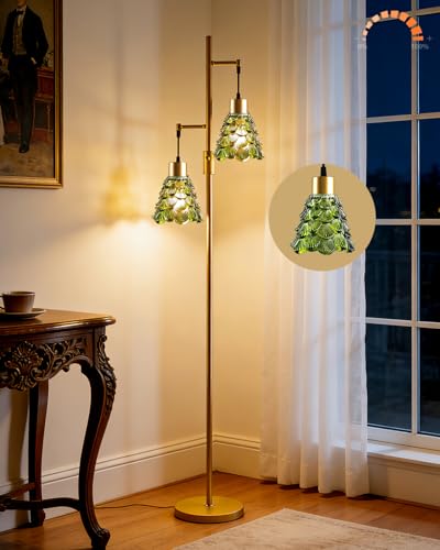 Image of 2-Light Modern Glass Floor Lamp, Gold Standing Tall Lamp with Green Shell Glass Shade, Dimmable LED Floor Lamp with 5Lbs Heavy Base for Living Room Bedroom Home Decor, Bulb Included