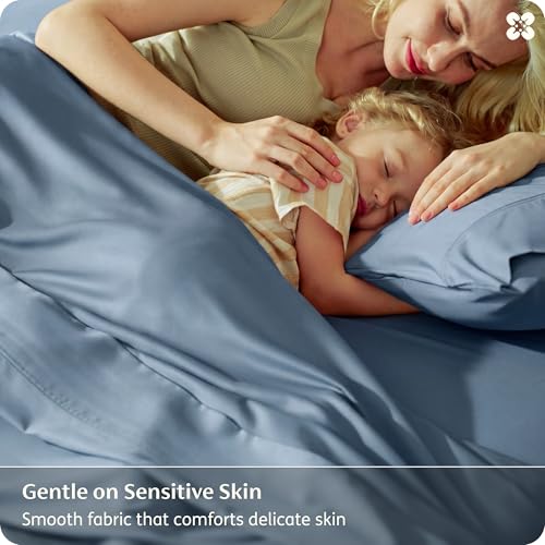 Image of Bedsure 100% Organically Grown Bamboo Viscose Queen Sheet Set | Cooling Bedsheets for Hot Sleepers | Luxury Silky Soft PureWoven | 18 inch Deep Pocket with Corner Straps | Oeko-Tex [Mineral Blue]