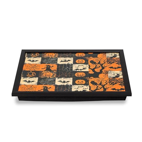 matop Halloween Cushioned Serving Tray for Eating on Lap, 32×43×5.5cm, Bean Bag Base, TV Dinner Tray for Sofa & Bed – Vintage Pumpkin/Haunted House/Ghost Parade Design (brown)